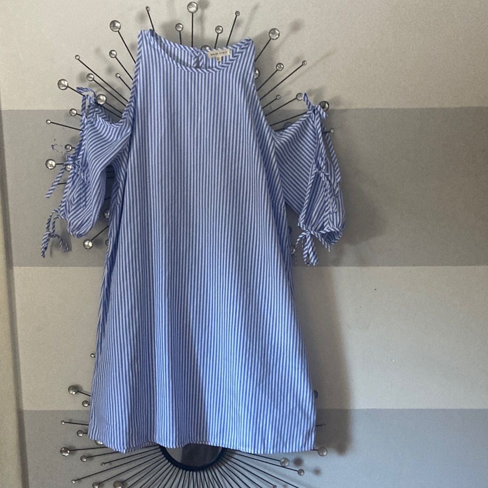 Main Strip Striped Cold Shoulder Dress in Blue and White